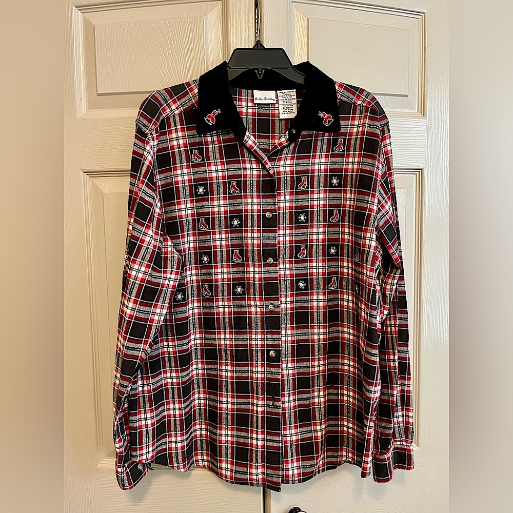 Bobbie Brooks Vintage Plaid Shirt with Embroidered Snowflakes and Ice Skates